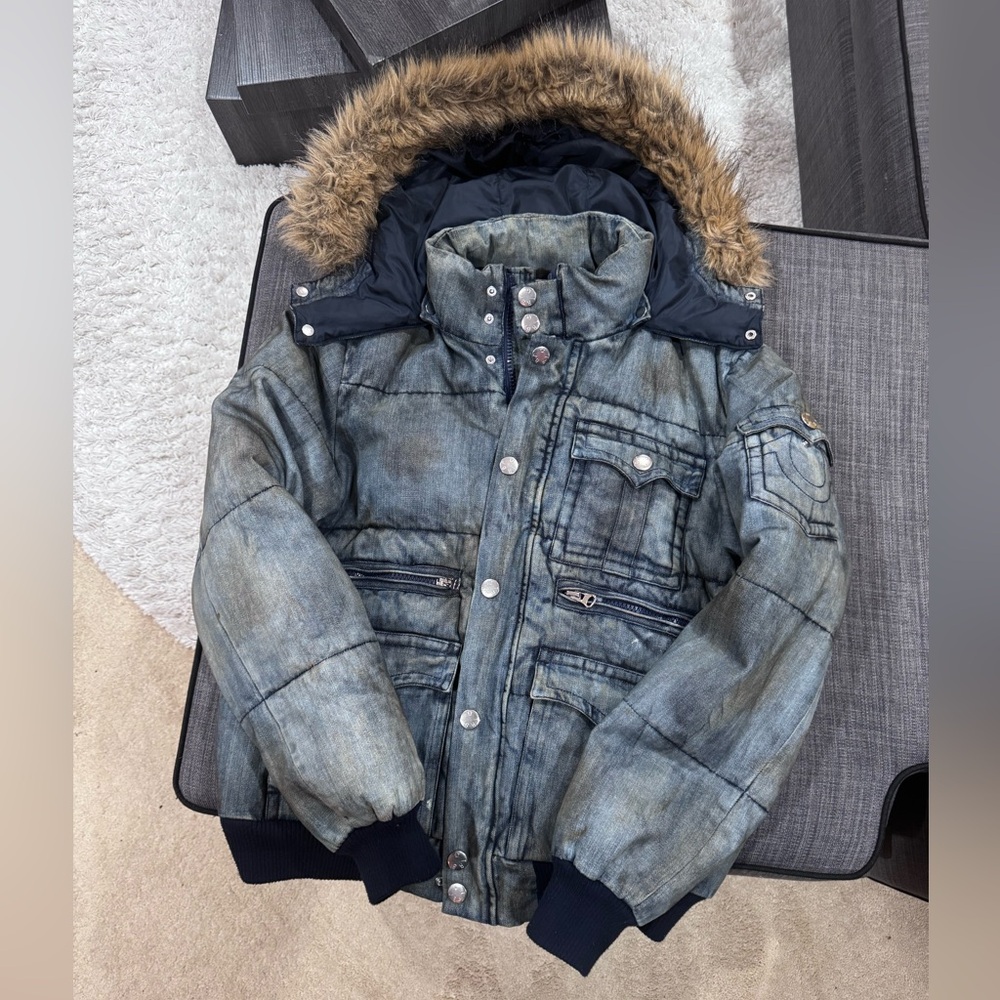 True Religion Men Denim Blue dirty indigo Puffer Jacket with Fur Trim